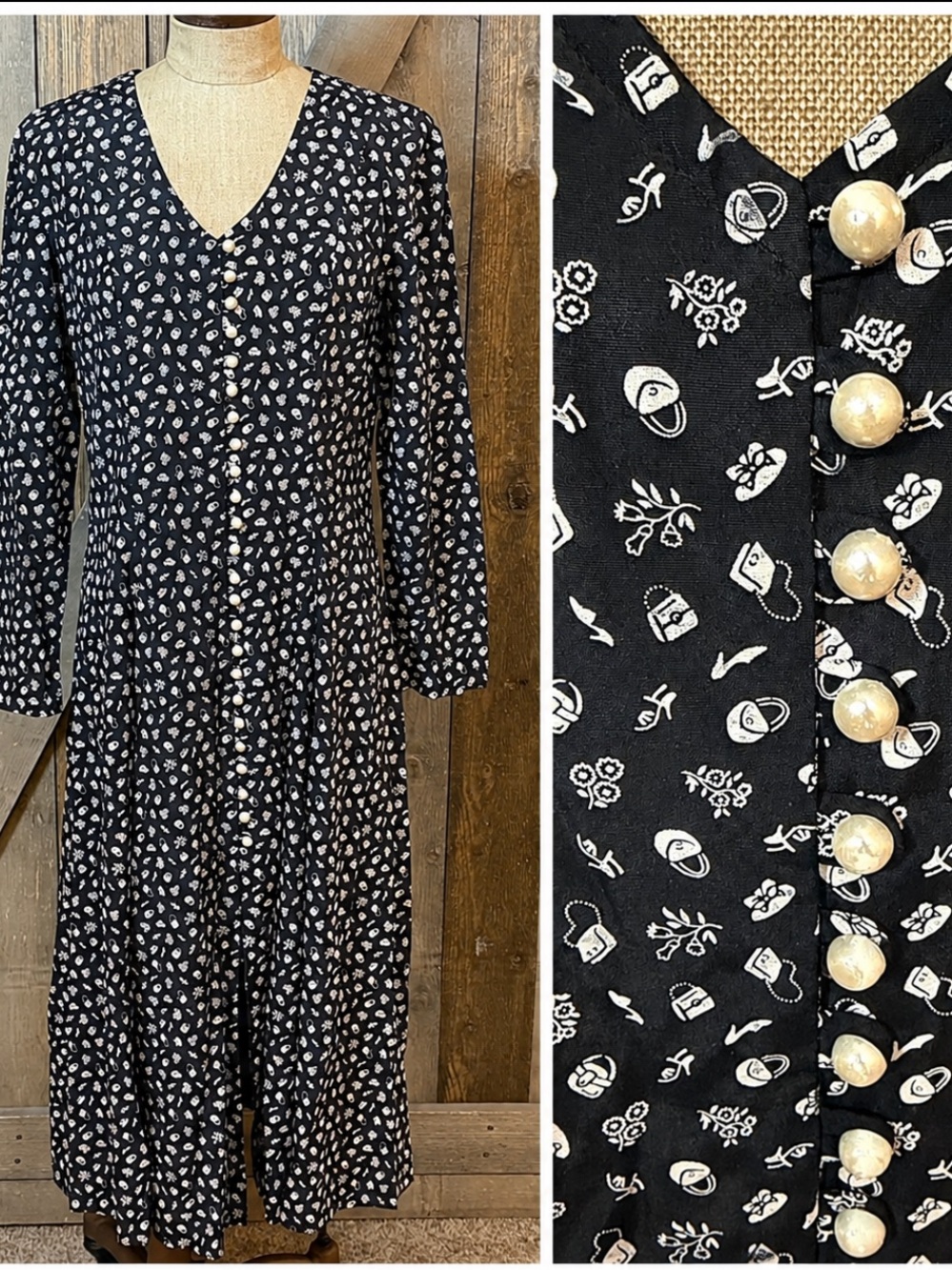 Vintage Jody California Novelty Print Lace Up Pearl Button Midi Dress Teacher